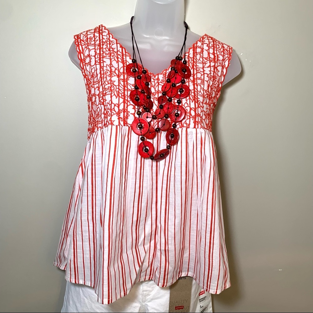 JW Style Juniors M Red White Striped Floral Embroidered Sleeveless Blouse NWT